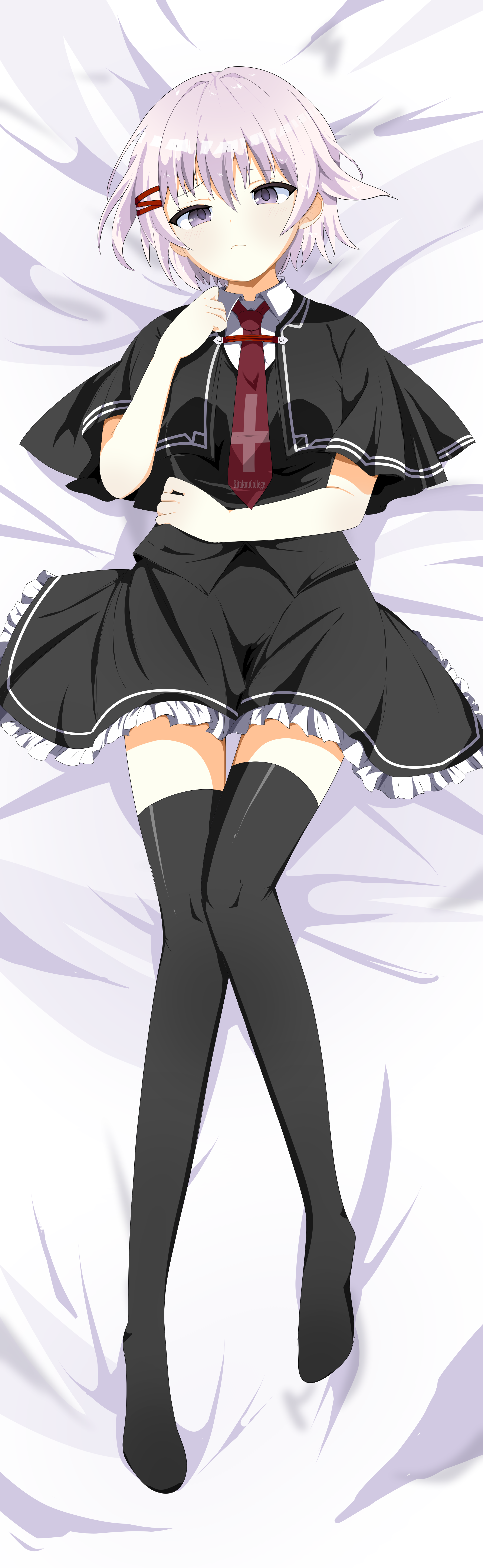 1girl absurdres black_skirt black_thighhighs dakimakura_(medium) hair_ornament hairclip highres looking_at_viewer necktie otonashi_ayana purple_eyes purple_hair red_necktie school_uniform short_hair skirt thighhighs tsui_no_sora tsui_no_sora_(remake)
