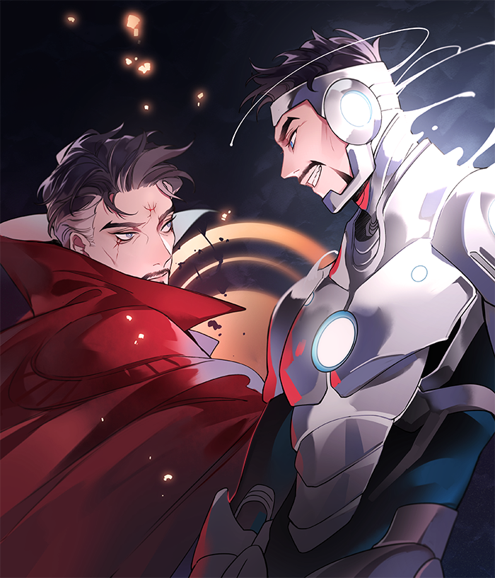 2boys arc_reactor armor black_armor black_background black_hair blue_eyes cloak closed_mouth commentary doctor_strange english_commentary facial_hair fang full_armor grey_hair injury iron_man kottie looking_at_another male_focus marvel multicolored_armor multicolored_hair multiple_boys power_armor red_cloak scar scar_on_face scar_on_forehead short_hair simple_background smile teeth tony_stark two-tone_hair v-shaped_eyebrows white_armor