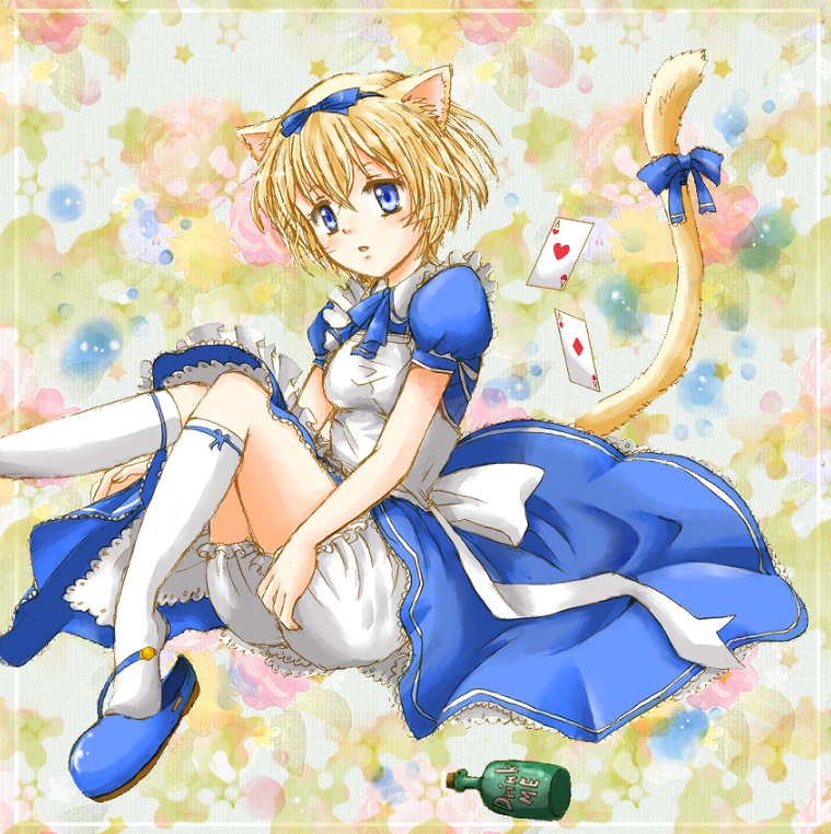 1girl alice_(alice_in_wonderland) alice&#039;s_adventures_in_wonderland animal_ears blonde_hair bloomers blue_eyes bottle brave_story brave_story:_aratanaru_tabibito card cat_ears cat_tail dress female_focus ribbon short_hair solo tail underwear whiskers yuno_(brave_story)