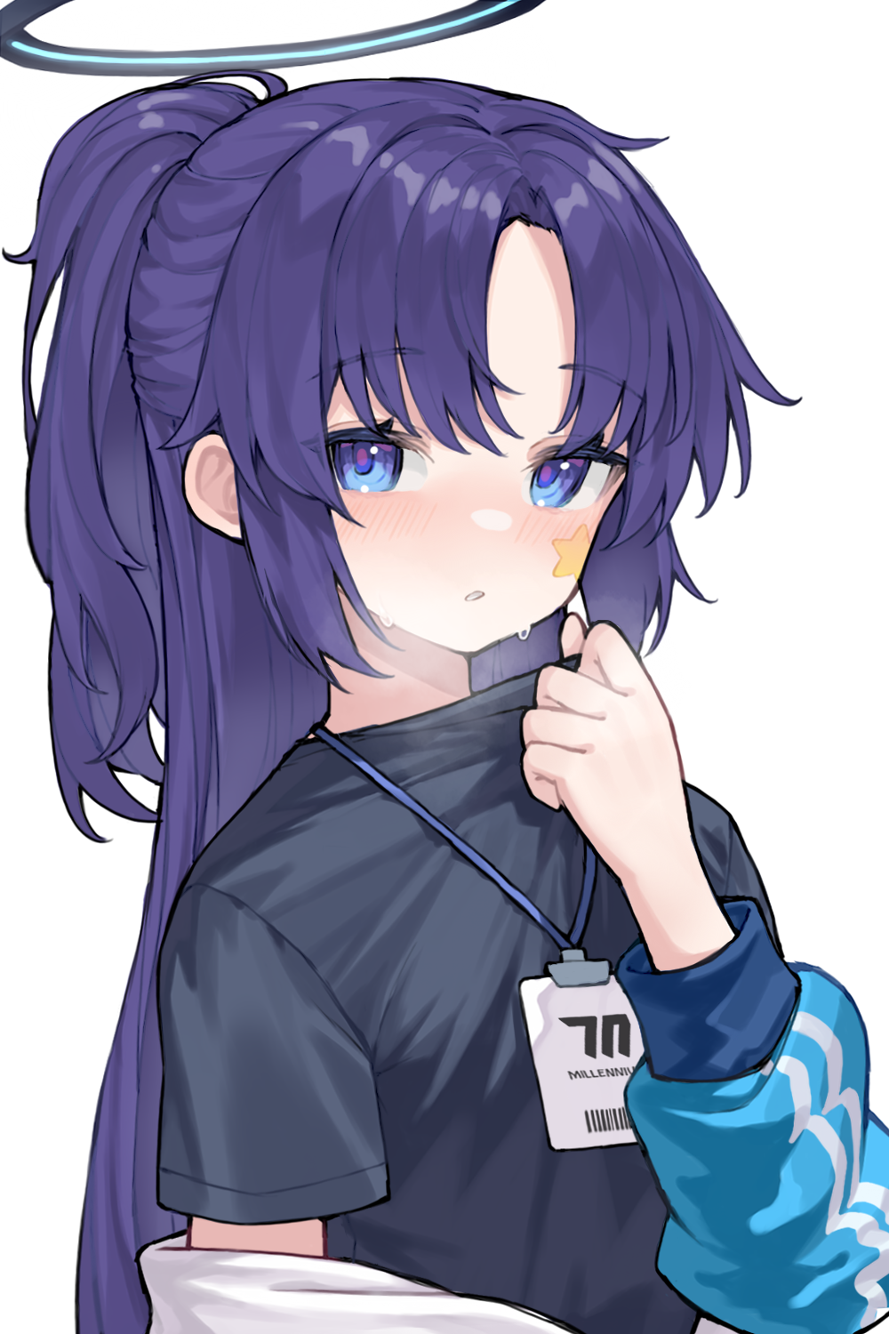 1girl black_shirt blue_archive blue_eyes blue_jacket blush collar_tug facial_mark halo hand_up highres jacket lanyard long_hair long_sleeves looking_at_viewer parted_bangs parted_lips ponytail puffy_long_sleeves puffy_sleeves purple_hair scarlet23i0 shirt short_sleeves simple_background solo star_(symbol) sweat track_jacket upper_body very_long_hair white_background yuuka_(blue_archive) yuuka_(track)_(blue_archive)