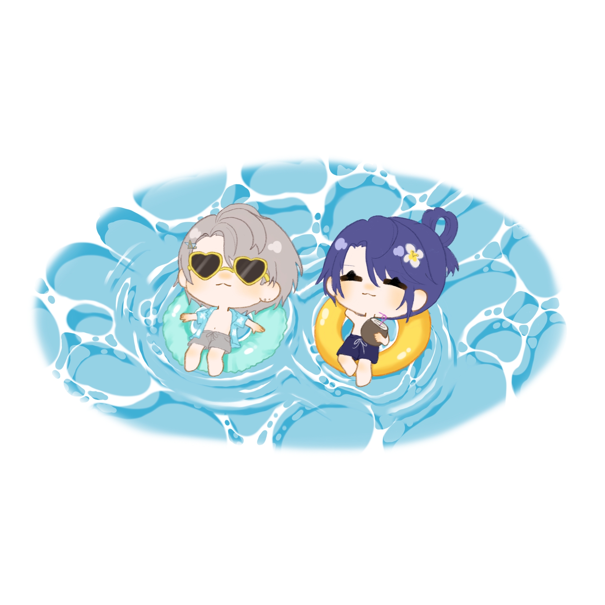2boys ^_^ aqua_innertube arm_behind_head bare_legs barefoot blue_hair blue_jacket blue_male_swimwear chibi chinese_commentary closed_eyes closed_mouth coconut_cup commentary drink drinking_straw ear_piercing eyelashes floating floral_print flower fuzi_nishina glasses grey_hair grey_male_swimwear hair_between_eyes hair_flower hair_ornament hair_rings hairclip happy heart heart-shaped_eyewear highres holding holding_drink jacket kaida_haru light_blush lying male_focus male_swimwear multiple_boys nagao_kei nijisanji on_back on_liquid opaque_glasses open_clothes open_jacket parted_bangs piercing ripples short_hair short_sleeves single_hair_ring smile sunglasses swim_trunks topless_male virtual_youtuber water white_background white_flower yellow-framed_eyewear yellow_innertube
