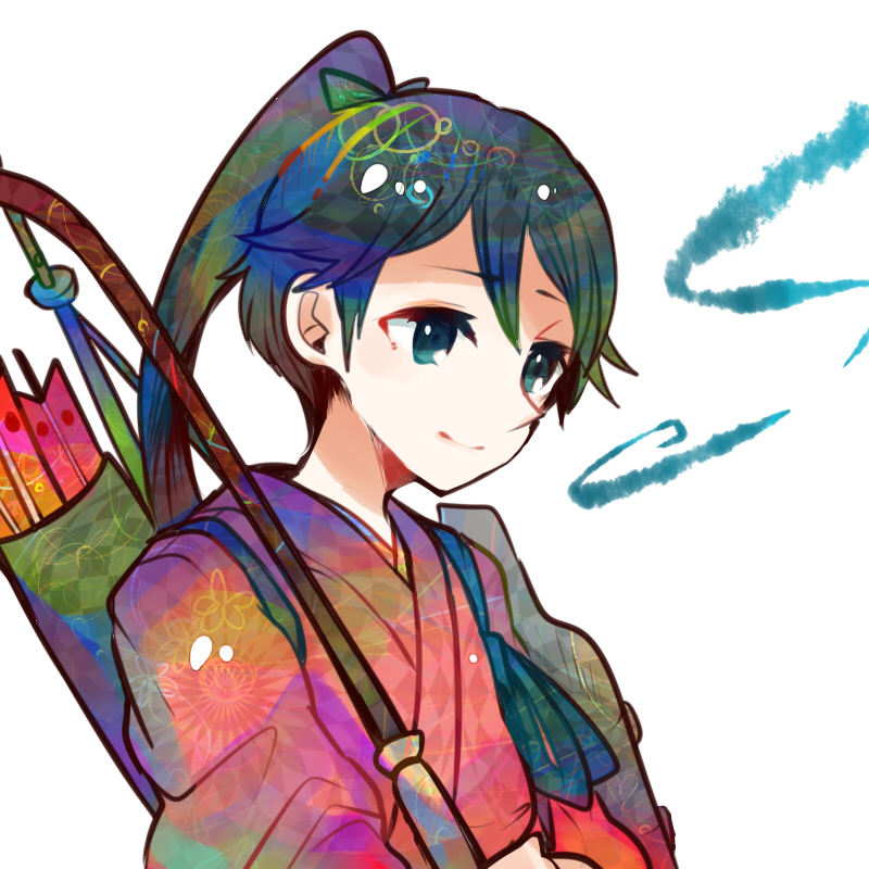 1girl arrow_(projectile) black_eyes black_hair bow_(weapon) houshou_(kancolle) itomugi-kun japanese_clothes kantai_collection muneate ponytail smile solo weapon white_background yumi_(bow)