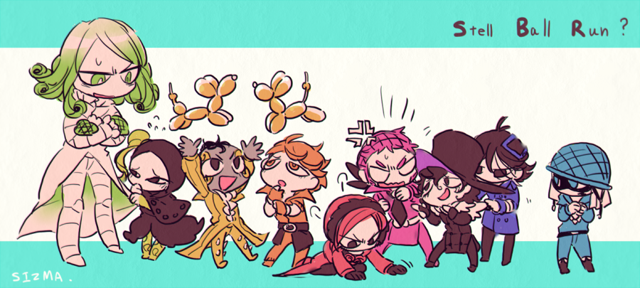6+boys anger_vein artist_name axl_ro blackmore chibi copyright_name disco_(sbr) doctor_ferdinand funny_valentine jojo_no_kimyou_na_bouken limited_palette magenta_magenta male_focus mike_o mike_o. multiple_boys open_mouth ringo_roadagain sizma steel_ball_run tubular_bells_(stand) wekapipo