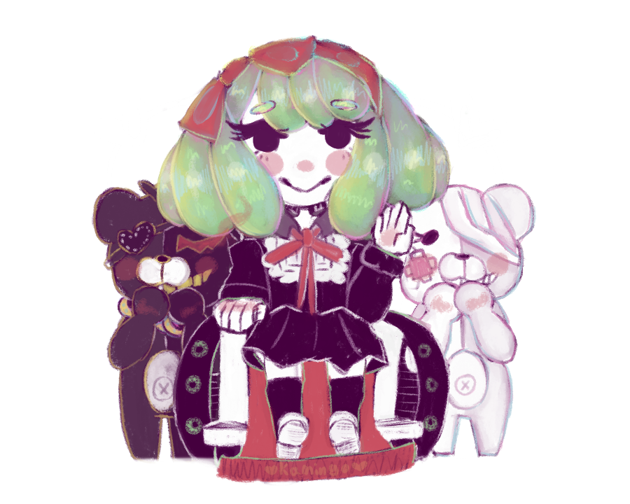 1girl bandage_on_face bandage_over_one_eye bandages bear black_dress black_eyes blush bow bowtie collared_dress danganronpa_(series) danganronpa_another_episode:_ultra_despair_girls dress eyepatch full_body green_hair grin hair_bow hair_ribbon hairband hand_up hands_up headband heart heart-shaped_eyewear kurokuma_(danganronpa) long_sleeves looking_at_viewer neck_ribbon on_chair pleated_dress red_bow red_chair red_hairband red_headband red_headwear red_ribbon ribbon shirokuma_(danganronpa) sitting smile stuffed_animal stuffed_toy teddy_bear towa_monaca white_footwear