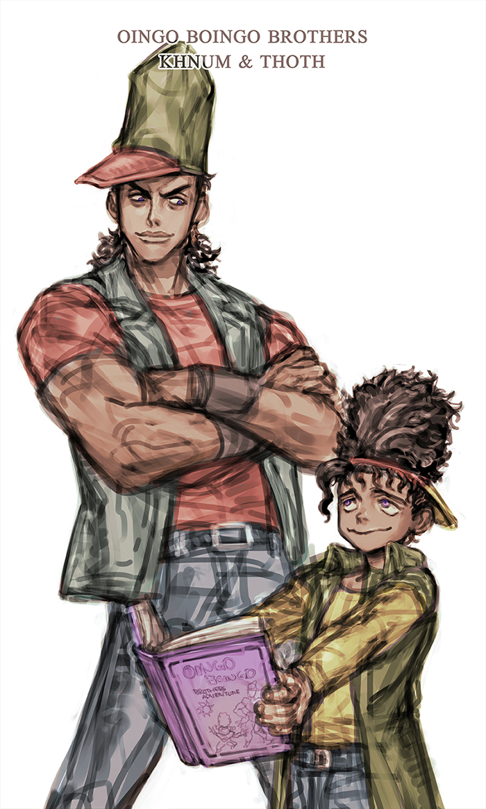 2boys boingo book brothers character_name dark-skinned_male dark_skin gap_(pdmng) hat jojo_no_kimyou_na_bouken multiple_boys oingo siblings simple_background stand_(jojo) thoth_(stand)