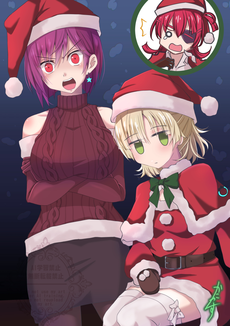3girls :d ^_^ alternate_costume aran_sweater arm_under_breasts arms_under_breasts asami_makiko_(heaven_burns_red) bare_shoulders belt black_skirt blonde_hair blue_background blush bow bowtie breasts brown_belt brown_gloves brown_mittens cable_knit capelet christmas christmas_outfit closed_eyes closed_mouth collarbone cowboy_shot crossed_arms detached_sleeves dress earrings elbow_gloves eyepatch facing_viewer fake_facial_hair fake_mustache feet_out_of_frame frown fur-trimmed_capelet fur-trimmed_dress fur-trimmed_gloves fur-trimmed_headwear fur-trimmed_skirt fur-trimmed_sleeves fur_trim gloves green_bow green_bowtie green_eyes hair_between_eyes hand_up hat heaven_burns_red jewelry kanyasu large_breasts long_hair long_sleeves looking_at_viewer medium_hair miniskirt mittens multiple_girls one_eye_covered open_mouth pantyhose pencil_skirt pom_pom_(clothes) purple_hair red_capelet red_dress red_eyes red_hair red_sleeves red_sweater ribbed_sweater santa_costume santa_dress santa_hat shirt short_dress short_hair sidelocks sitting skirt sleeveless sleeveless_dress sleeveless_sweater sleeveless_turtleneck small_breasts smile standing star_(symbol) sweater sweater_dress sweater_vest teeth tezuka_saki thighhighs turtleneck turtleneck_sweater upper_teeth_only white_shirt white_thighhighs zettai_ryouiki