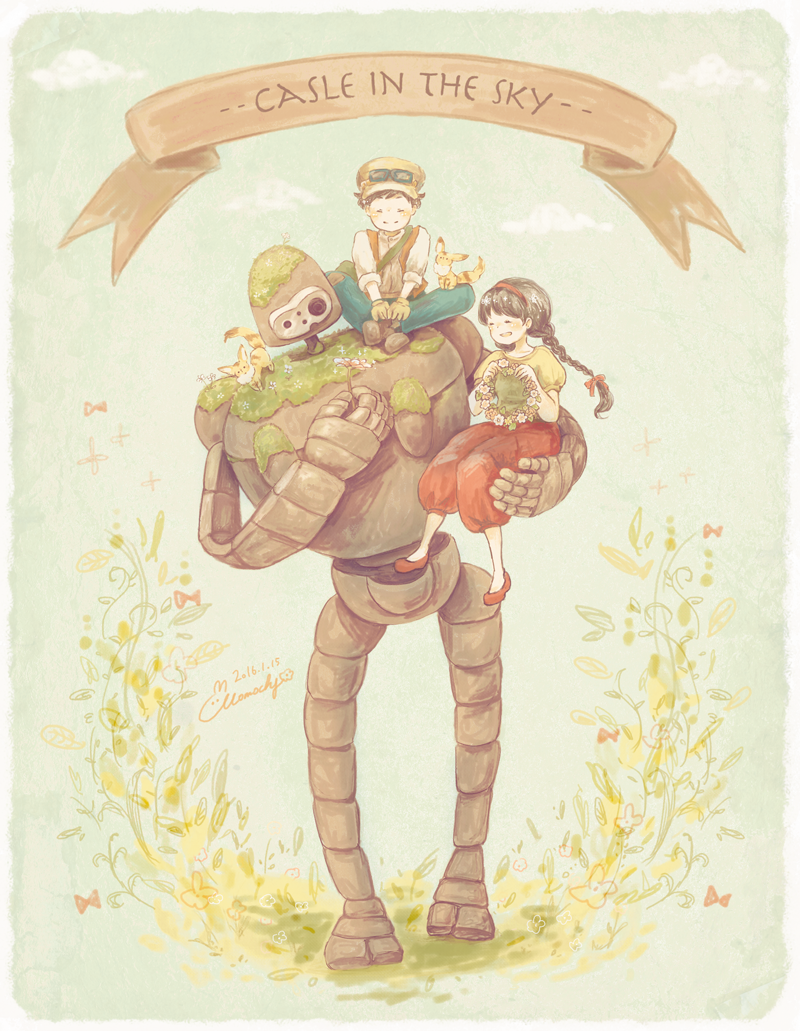 1boy 1girl artist_name bag bare_legs blue_pants border braid brown_hair brown_headwear brown_ribbon carrying carrying_person casual closed_eyes closed_mouth commentary_request copyright_name creature creature_on_shoulder dated day english_text facing_another flower flower_wreath fox_squirrel full_body goggles goggles_on_headwear grass happy hat holding holding_flower holding_wreath humanoid_robot indian_style laputa_robot leaf long_hair momochy on_shoulder orange_vest outdoors pants partial_commentary pazu red_footwear red_skirt ribbon robot sheeta shirt short_sleeves shoulder_bag signature sitting sitting_on_shoulder size_difference skirt sky sleeves_rolled_up smile standing studio_ghibli tenkuu_no_shiro_laputa typo vest white_border white_flower white_shirt yellow_headwear yellow_shirt