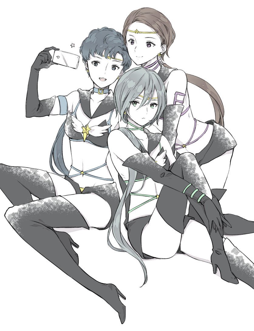 3girls armband bishoujo_senshi_sailor_moon bishoujo_senshi_sailor_moon_stars black_hair boots breasts brown_hair cellphone choker circlet elbow_gloves gloves greyscale high_heel_boots high_heels long_hair midriff monochrome multiple_girls open_mouth phone ponytail sailor_collar sailor_star_fighter sailor_star_healer sailor_star_maker sami_(3a3i3a3i) seiya_kou selfie short_shorts shorts small_breasts smartphone smile taiki_kou thigh_boots very_long_hair yaten_kou