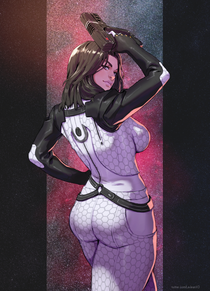1girl arm_up ass black_hair bodysuit breasts commentary cowboy_shot english_commentary from_behind gloves gun handgun holding holding_gun holding_weapon honeycomb_(pattern) honeycomb_print impossible_bodysuit impossible_clothes large_breasts looking_at_viewer looking_back m-4_shuriken mass_effect_(series) mass_effect_2 medium_hair miranda_lawson rejean_dubois solo star_(symbol) star_symbol_background twitter_username weapon