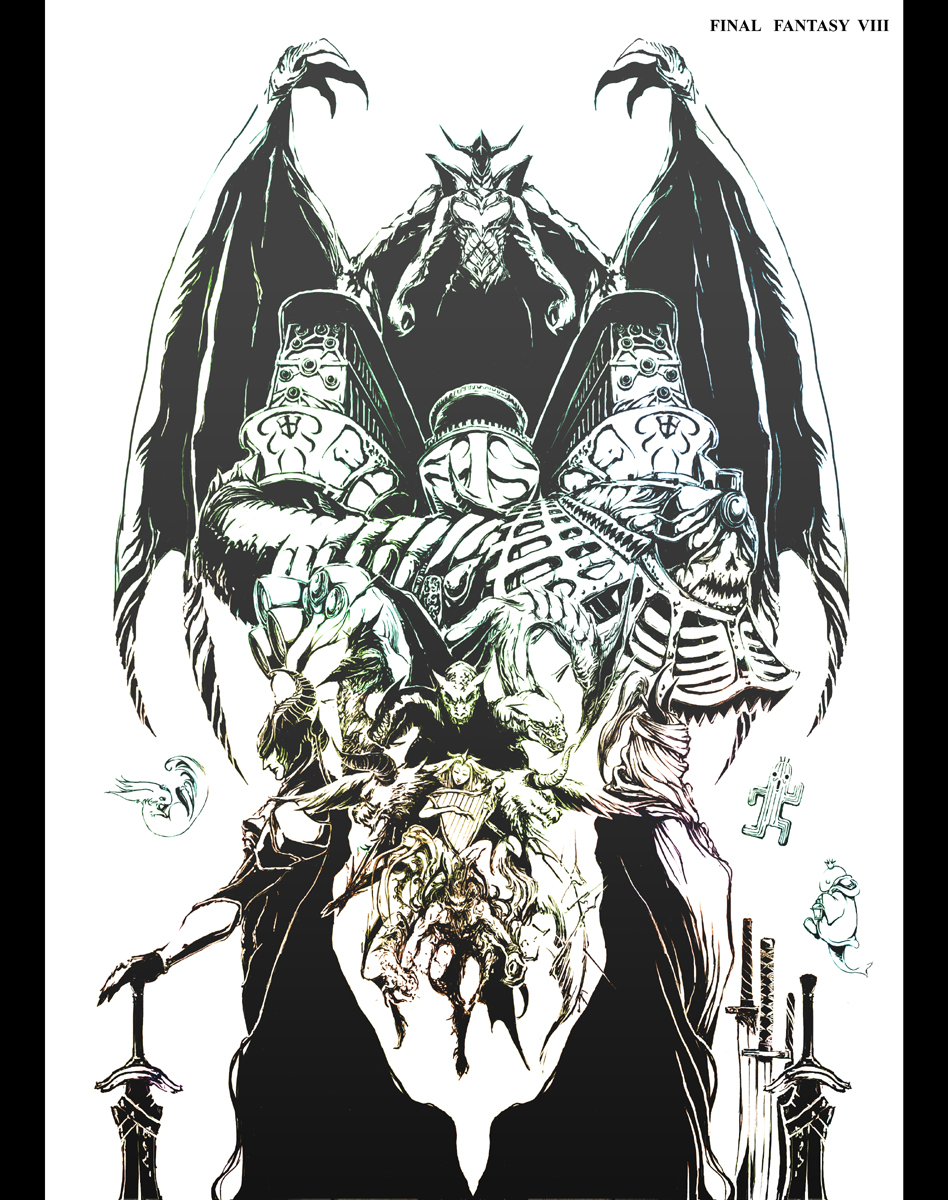 1990s_(style) alexander bahamut_(final_fantasy) brothers carbuncle_(final_fantasy) cerberus_(ff8) diablo_(final_fantasy) doomtrain dragon final_fantasy final_fantasy_viii gf gilgamesh_(final_fantasy) guardian_force hare_(mnchr_rso) highres multiple_boys odin pandemona pandemonium retro_artstyle sabotender shiva_(final_fantasy) siblings simple_background siren_(final_fantasy) sword tonberry weapon white_background