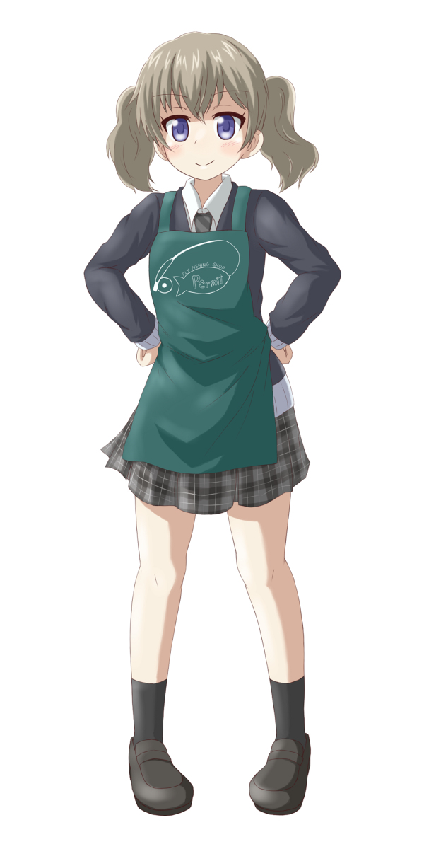 1girl apron black_socks closed_mouth female_focus fish fishing_rod full_body grey_hair hands_on_own_hips highres long_sleeves medium_hair nanog_eb1994 purple_eyes school_uniform shoes simple_background slow_loop smile socks solo standing white_background yoshinaga_koi