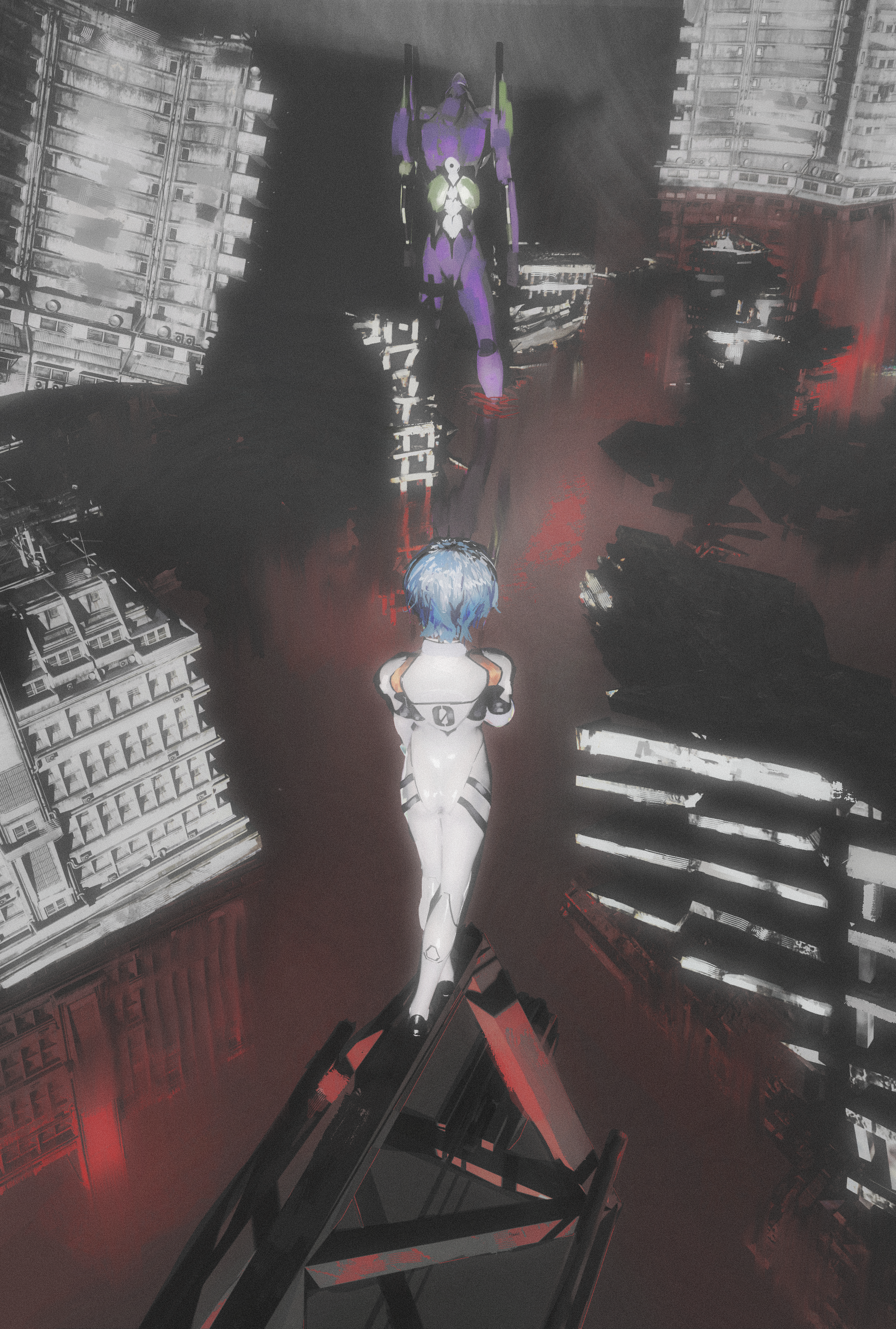 1girl absurdres ayanami_rei black_shoes blue_hair from_behind highres jumpsuit mecha_pilot_suit neon_genesis_evangelion ruins shiej007 shoes short_hair solo white_jumpsuit