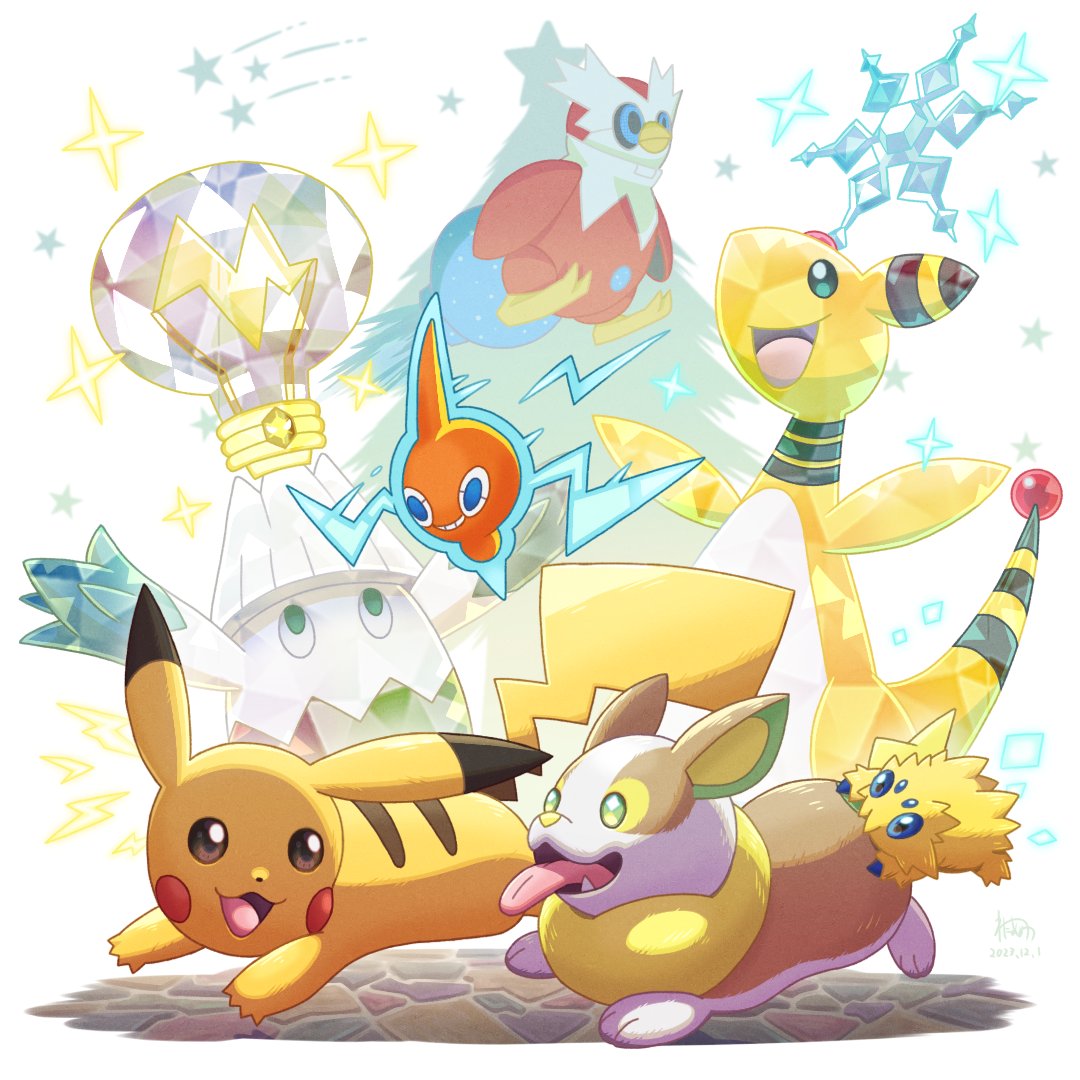 ampharos blue_eyes brown_eyes commentary dated fang game_freak gen_1_pokemon gen_2_pokemon gen_4_pokemon gen_5_pokemon gen_8_pokemon green_eyes iron_bundle joltik nintendo no_humans open_mouth pikachu pokemon pokemon_(creature) running smile snover star_(symbol) terastallization tongue tongue_out wataame4907 yamper
