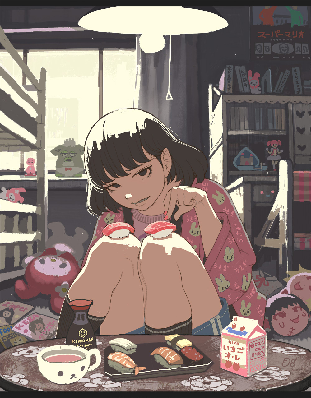 1girl bed black_eyes black_hair black_socks bunk_bed catcar0983 character_name cup female_focus fish_(food) food furby gunkanmaki hakurei_reimu heart highres kaname_madoka kikkoman knees_up light long_sleeves looking_at_viewer mahou_shoujo_madoka_magica mahou_shoujo_madoka_magica_(anime) messy_room milk_carton my_melody nail_polish nigirizushi onegai_my_melody original parted_lips pink_nails pink_shirt sanrio shirt short_hair shorts sitting socks solo soy_sauce sushi touhou window yukkuri_shiteitte_ne