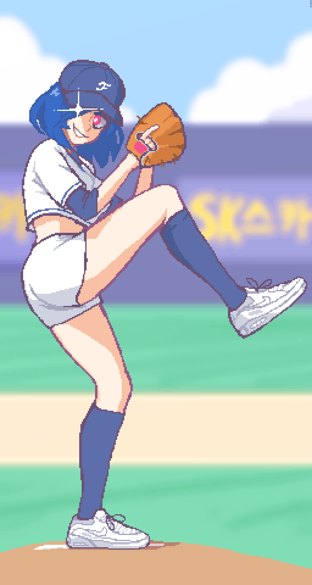 1girl baseball baseball_cap baseball_glove baseball_uniform blue_hair blue_hat blue_socks crop_top hat hcnone highres knee_up kneehighs long_sleeves looking_at_viewer nike_(company) original parted_lips pink_eyes pitching pixel_art shoes short_hair skye_(hcnone) smile sneakers socks solo sportswear teeth white_shoes
