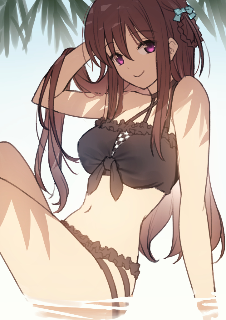 1girl 22/7 bikini black_bikini bow braid braided_hair_rings brown_hair closed_mouth frilled_bikini frills from_side hair_bow hair_rings hand_in_own_hair knees_up long_hair looking_at_viewer looking_to_the_side nagareboshi navel purple_eyes sitting smile solo swimsuit tachikawa_ayaka tree_shade twin_braids two_side_up wading white_bow