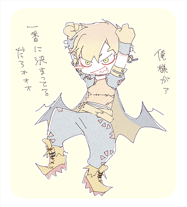 1boy arms_up arne_no_jikenbo asymmetrical_hair baggy_pants bandaged_waist belt belt_buckle black_cape black_pants black_sleeves blonde_hair blush_stickers boots border buckle cape chain chain_earrings clenched_hands commentary_request crossed_belts cuffs deformed earrings floating_earring full_body gloves grin happy jewelry knee_up looking_at_viewer male_focus nachzehrer orange_shirt outline pants pointy_footwear puffy_short_sleeves puffy_sleeves shackles sharp_teeth shirt shoes short_hair short_sleeves shuntaro_(tya_nya0000) single_blush_sticker smile solo spiked_shoes spikes stitches teeth torn_clothes torn_shirt translation_request two-sided_cape two-sided_fabric v-shaped_eyes white_border white_outline yellow_background yellow_belt yellow_boots yellow_cape yellow_eyes yellow_gloves yellow_sleeve_cuffs