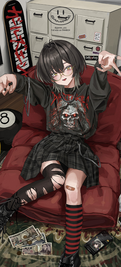 1girl 8-ball asymmetrical_legwear black_hair black_nails black_pantyhose black_shirt black_skirt cellphone copyright_request gishiki_(gshk) glasses goth_fashion looking_at_viewer original outstretched_arms pantyhose phone plaid_clothes plaid_skirt sample_watermark shirt skateboard skirt skull smartphone smile socks solo striped_clothes striped_socks torn_clothes watermark yen