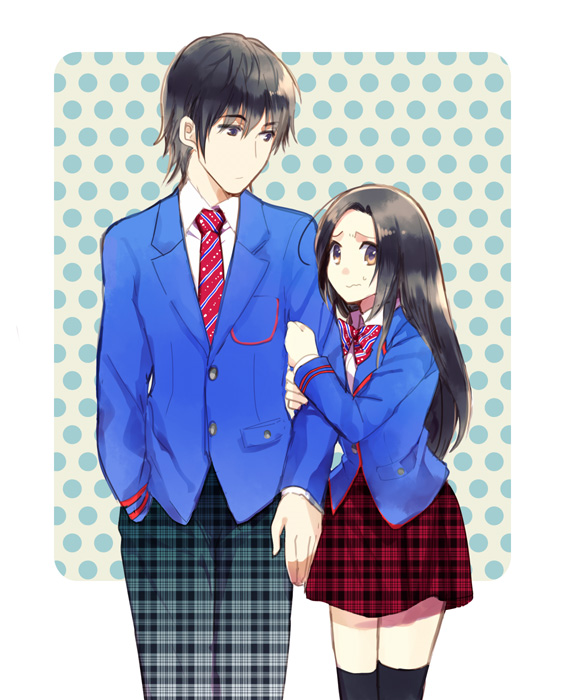 1boy 1girl alternate_costume alternate_hairstyle arm_hug bad_id bad_pixiv_id black_hair black_thighhighs brown_eyes dress_shirt hair_down hand_in_pocket joujima_yuuki kamen_rider kamen_rider_fourze_(series) kisaragi_gentarou kotono long_hair necktie pants plaid_clothes plaid_pants plaid_skirt polka_dot polka_dot_background school_uniform shirt skirt thighhighs unmoving_pattern