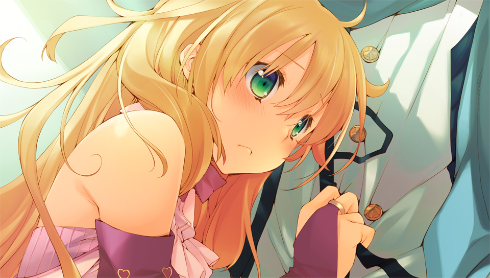1boy 1girl aquaplus blonde_hair blush bridal_gauntlets dungeon_travelers_2 erthuricia_vitor_de_ritzhevin game_cg green_eyes head_on_chest kokonoka long_hair official_art shirt_tug solo_focus