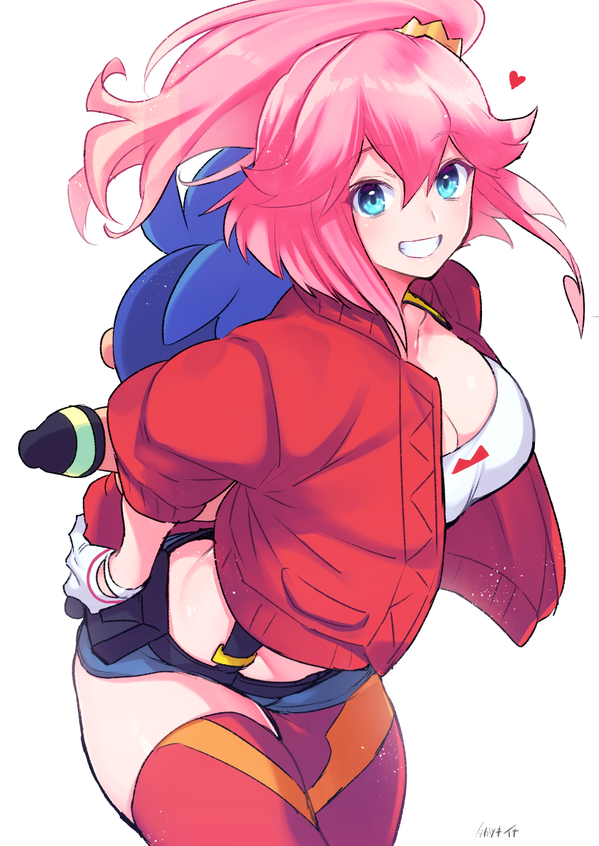 1boy 1girl aina_ardebit asymmetrical_legwear black_gloves blue_eyes blue_hair crop_top cropped_jacket galo_thymos gloves grin hair_between_eyes heart highres jacket looking_at_viewer midriff pink_hair promare red_jacket short_shorts shorts side_ponytail smile suspenders takatsuki_ichi thighhighs toy uneven_legwear white_gloves