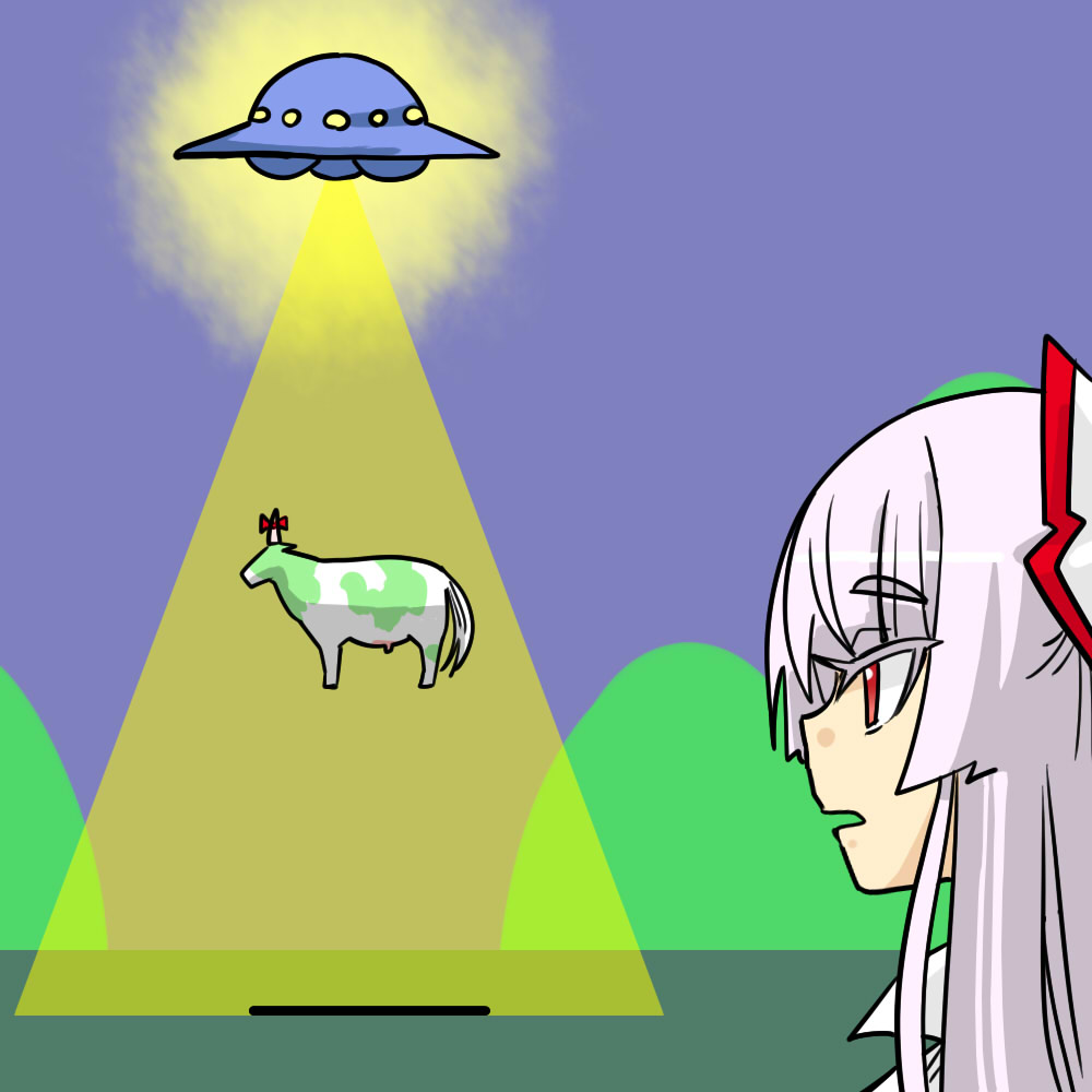 1girl abduction animalization beam bow cow energy energy_beam female_focus floating fujiwara_no_mokou hair_bow hill horn_ornament horn_ribbon horns kamishirasawa_keine kamishirasawa_keine_(cow) long_hair looking_at_another open_mouth red_eyes ribbon seki_(red_shine) silver_hair simple_background single_horn solo touhou ufo what