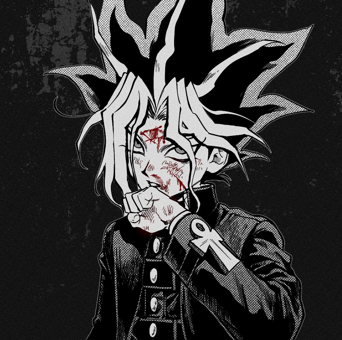 1boy ankh black_background blood blood_on_face bruise bruise_on_face buttons clenched_hand collared_jacket curtained_hair gakuran greyscale injury jacket layered_sleeves long_sleeves looking_ahead male_focus monochrome parted_lips popped_collar sanpaku school_uniform solo spiked_hair spot_color teeth upper_body wiping_face yami_yugi ygogy55 yu-gi-oh! yu-gi-oh!_duel_monsters