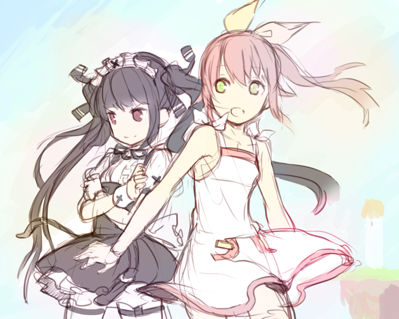 2girls bad_id bad_pixiv_id black_hair flat_chest green_eyes h2so4 hana hana_(pangya) kooh long_hair multiple_girls open_mouth pangya pink_hair smile thighhighs twintails