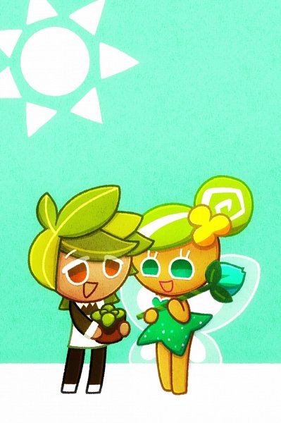 1boy 1girl artist_request cookie_run cookie_run:_ovenbreak dress fairy fairy_cookie fairy_wings green_dress green_eyes green_hair hair_bun herb_cookie short_hair single_hair_bun wings