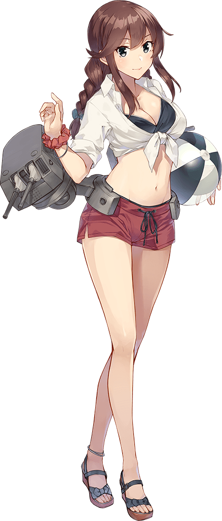 1girl ball beachball bikini black_bikini braid breasts brown_hair collared_shirt commentary_request full_body green_eyes kantai_collection konishi_(koconatu) large_breasts long_hair machinery midriff navel noshiro_(kancolle) noshiro_(swimsuit)_(kancolle) official_art open_collar red_shorts sandals scrunchie ship_turret shirt shorts standing swept_bangs swimsuit third-party_source tied_shirt translation_request twin_braids white_shirt