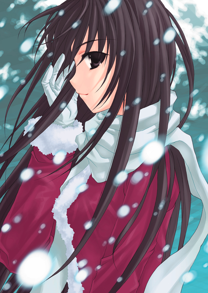 1girl adjusting_hair black_eyes black_hair coat ever_17 female_focus fur_trim gloves komachi_tsugumi long_hair official_art outdoors profile scarf smile snow snowing solo takigawa_yuu very_long_hair white_gloves white_scarf wind