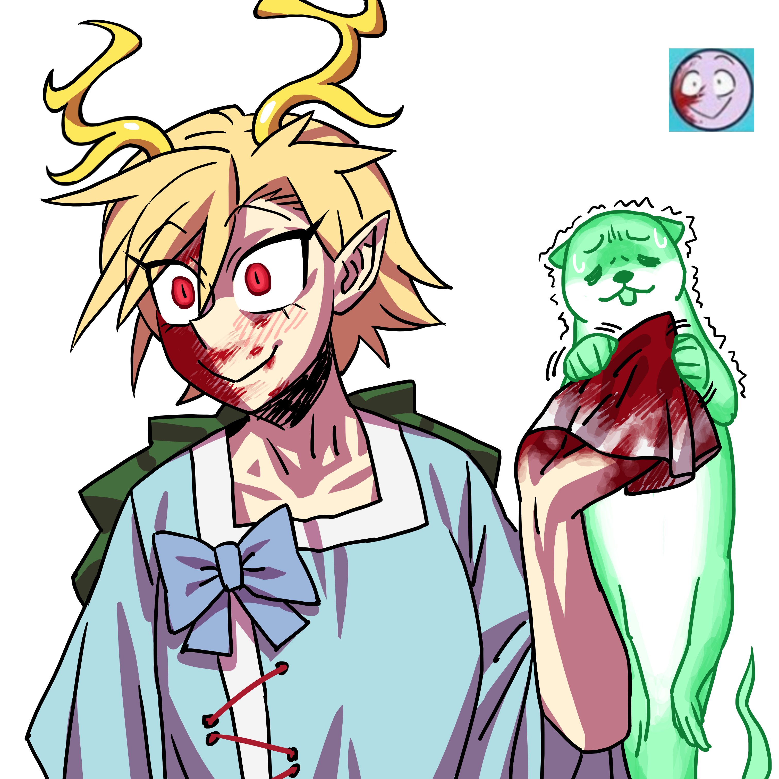 1girl absurdres antlers blonde_hair blood blood_on_arm blood_on_face blood_on_hands blue_shirt blush closed_mouth collarbone crazy_eyes crazy_grin crazy_smile dragon_girl dragon_horns dragon_tail eddybird55555 evil_smile green_scales green_tail hair_between_eyes highres horns kicchou_yachie monster_girl otter otter_spirit_(touhou) pointy_ears red_eyes scales shirt short_hair simple_background slit_pupils smile square_neckline standing tail touhou turtle_shell upper_body white_background wide-eyed yellow_horns