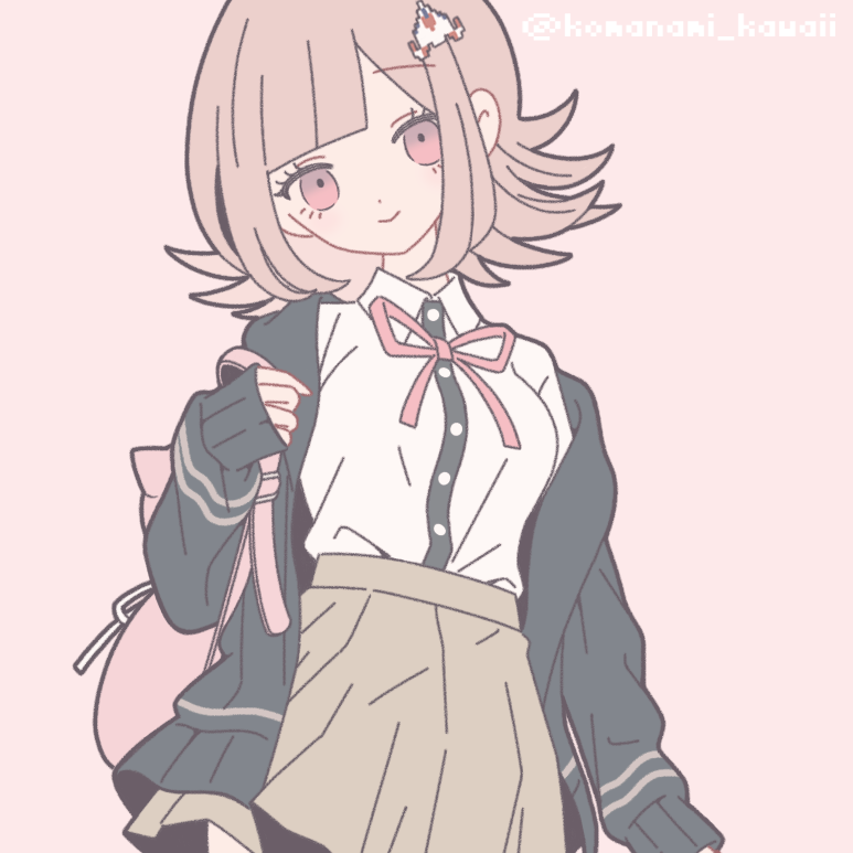 1girl animal_bag breasts brown_hair brown_skirt cat_bag collared_shirt danganronpa_(series) danganronpa_2:_goodbye_despair flipped_hair galaga hair_ornament hood jacket komanami_kawaii long_sleeves looking_at_viewer medium_hair nanami_chiaki neck_ribbon open_clothes open_jacket pink_bag pink_eyes pink_ribbon pleated_skirt ribbon shirt skirt smile solo spaceship_hair_ornament two-tone_shirt white_shirt