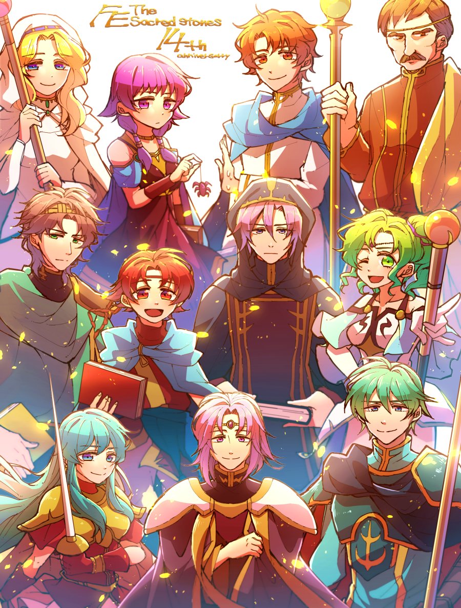 armor artur_(fire_emblem) bad_id bad_twitter_id bare_shoulders blue_hair blush book breastplate cape dress eirika_(fire_emblem) elbow_gloves ephraim_(fire_emblem) ewan_(fire_emblem) fire_emblem fire_emblem:_the_sacred_stones fire_emblem_heroes gloves green_eyes green_hair holding hzk_(ice17moon) jewelry knoll_(fire_emblem) l&#039;arachel_(fire_emblem) long_hair looking_at_viewer lute_(fire_emblem) lyon_(fire_emblem) male_focus moulder_(fire_emblem) multiple_boys multiple_girls natasha_(fire_emblem) nintendo open_mouth ponytail purple_cape purple_eyes purple_hair short_hair smile thighhighs twintails