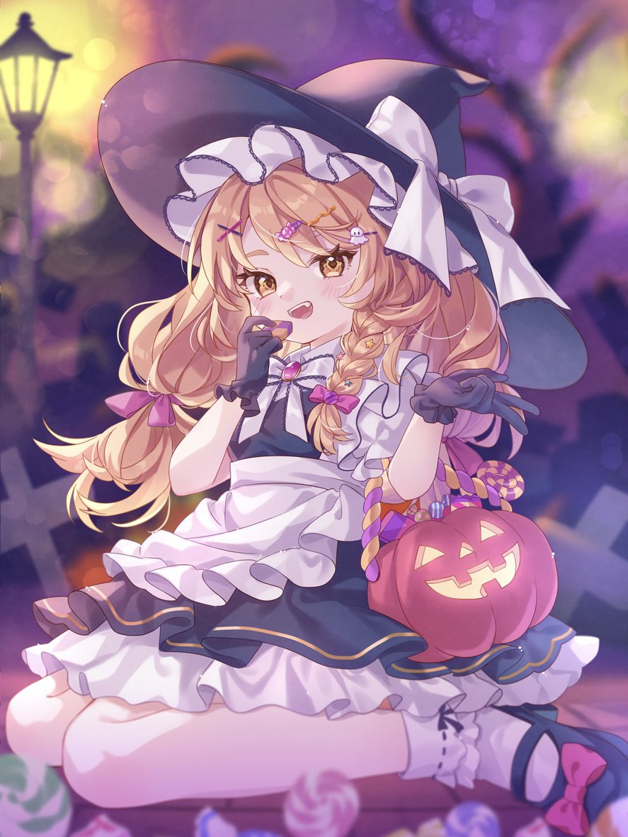 1girl :d apron black_dress black_hat black_shoes blonde_hair bobby_socks bow braid candy candy_hair_ornament checkerboard_cookie commentary cookie dress english_commentary food food-themed_hair_ornament ghost_hair_ornament grey_background hair_bow hair_ornament halloween halloween_bucket hat hat_bow holding holding_candy holding_food kirisame_marisa lamppost lollipop mary_janes mimi_(mimi_puru) open_mouth purple_bow shoes side_braid single_braid sitting smile socks solo star_(symbol) star_hair_ornament teeth touhou upper_teeth_only waist_apron wariza white_apron white_bow white_socks witch x_hair_ornament yellow_eyes