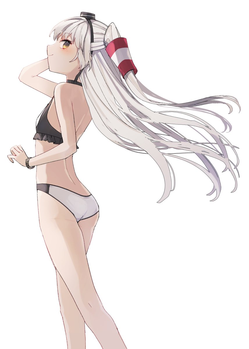 1girl amatsukaze_(kancolle) amatsukaze_(swimsuit)_(kancolle) bikini black_bikini blush brown_eyes cowboy_shot grey_hair hair_tubes hairband highres kantai_collection long_hair looking_at_viewer multicolored_bikini smile solo swimsuit two-tone_bikini two_side_up white_background white_bikini yamashichi_(mtseven)