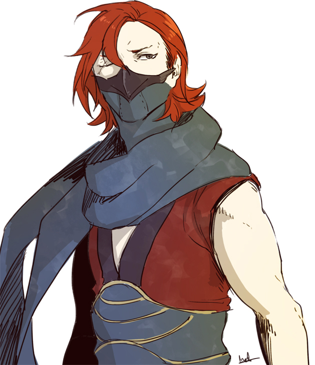 1boy alternate_hairstyle fire_emblem fire_emblem_fates japanese_clothes male_focus mask moto_(moto_nsmr) mouth_mask ninja ninja_mask nintendo one_eye_closed red_eyes red_hair saizo_(fire_emblem) scar scar_across_eye scar_on_face scarf