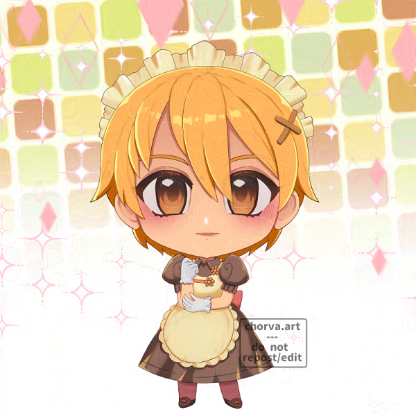 1girl apron blonde_hair blush brown_dress brown_eyes brown_pantyhose brown_shoes chibi chorvaqueen closed_mouth commentary dress english_commentary frilled_apron frills full_body gloves hair_between_eyes hair_ornament heart kafra_uniform looking_at_viewer maid maid_headdress paid_reward_available pantyhose puffy_short_sleeves puffy_sleeves ragnarok_online roxie_(ragnarok_online) shoes short_hair short_sleeves smile solo white_gloves x_hair_ornament yellow_apron