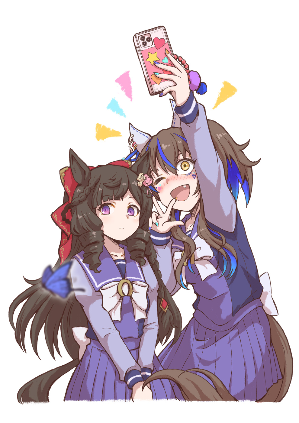 2girls animal_ears back_bow blue_hair blush bow bowtie brown_hair bug butterfly cellphone collared_shirt cowboy_shot daiichi_ruby_(umamusume) daitaku_helios_(umamusume) drill_hair ear_covers earrings fang flower hair_between_eyes hair_bow hair_flower hair_ornament height_difference highres horse_ears horse_girl horse_tail insect jewelry long_hair long_sleeves matching_outfits multicolored_hair multiple_girls nail_polish nose_blush one_eye_closed open_mouth phone pleated_skirt purple_eyes purple_shirt purple_skirt red_bow sailor_collar satomura_kyou shirt short_hair short_twintails sidelocks skirt smartphone smile streaked_hair tail twintails two-tone_shirt umamusume w white_bow white_bowtie yellow_eyes