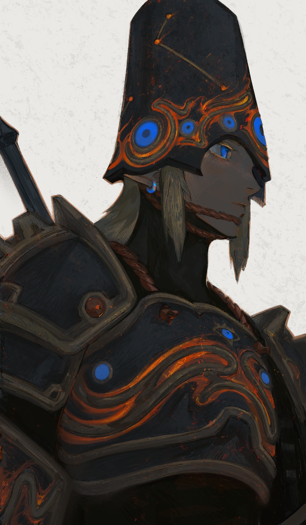 1boy ancient_set_(zelda) armor blonde_hair blue_eyes breasts chinese_commentary closed_mouth commentary_request earrings helmet highres jewelry link male_focus mitus nintendo pauldrons pointy_ears shoulder_armor single_earring solo sword sword_on_back the_legend_of_zelda the_legend_of_zelda:_breath_of_the_wild turtleneck upper_body weapon weapon_on_back