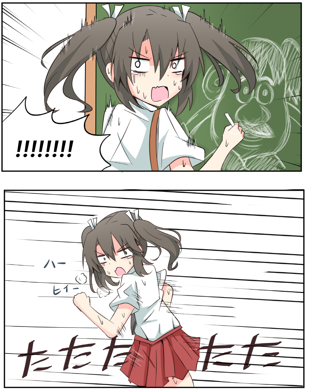 1girl comic cyberdemon_no3 disney disneyland drawing hair_ribbon highres kantai_collection mr._potato_head ribbon running surprised sweat tears translation_request twintails zuikaku_(kancolle)
