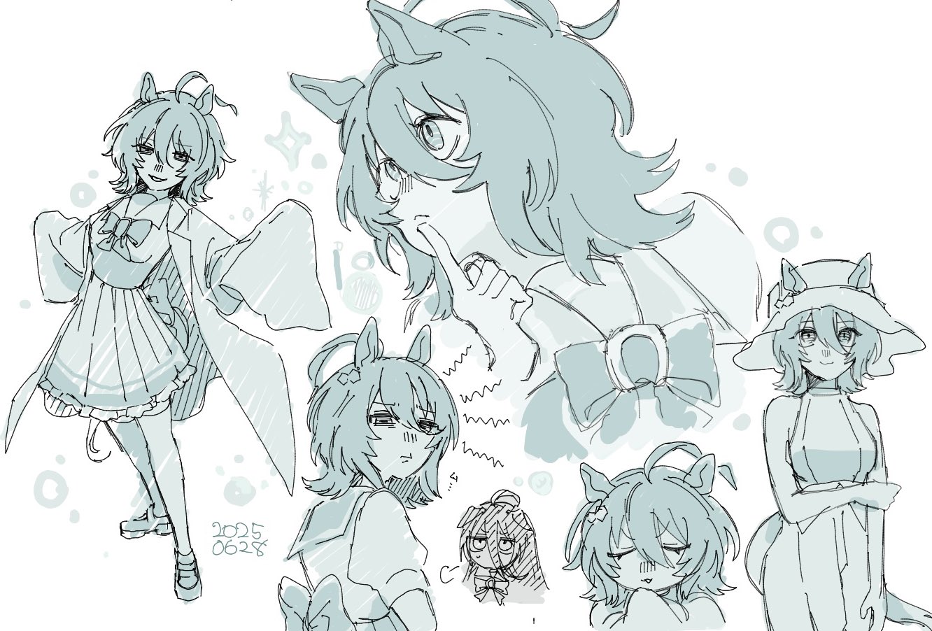 2girls agnes_tachyon_(umamusume) ahoge animal_ears bow breasts chemical_structure chibi chibi_inset closed_eyes closed_mouth coat dress earrings ears_through_headwear frilled_skirt frills green_eyes hair_between_eyes hand_on_own_chin horse_ears horse_girl horse_tail huge_ahoge index_finger_raised jewelry lab_coat long_hair_between_eyes long_sleeves manhattan_cafe_(umamusume) medium_hair multiple_girls no_mouth open_clothes open_coat parted_lips pleated_skirt pout puff_of_air sailor_collar school_uniform shoes single_earring skirt sleeveless sleeveless_dress sleeves_past_fingers sleeves_past_wrists smile solo squiggle standing sun tail thinking tracen_school_uniform uma2_0429 umamusume waist_bow wolf_cut