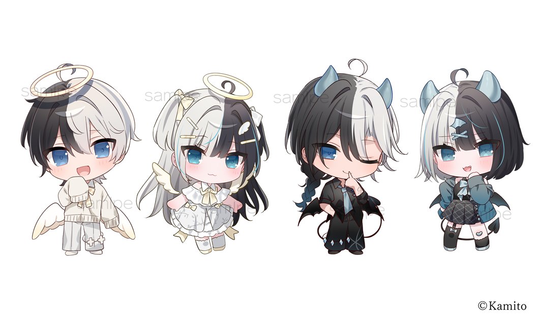 1boy 1girl :d ;) angel_wings asymmetrical_legwear bare_shoulders black_hair black_pants black_shirt black_skirt black_socks black_thighhighs black_wings blue_eyes blue_footwear blue_jacket blue_necktie brown_footwear chibi closed_mouth collared_shirt demon_boy demon_girl demon_horns demon_tail demon_wings dress dress_shirt feathered_wings finger_to_mouth genderswap genderswap_(mtf) grey_hair grey_pants hair_between_eyes halo horns indie_virtual_youtuber jacket kamito_(vtuber) kneehighs loafers long_hair long_sleeves low_wings mafuyu_(chibi21) mini_wings multicolored_hair multiple_views necktie off_shoulder official_art one_eye_closed open_clothes open_jacket open_mouth pants pleated_skirt puffy_long_sleeves puffy_sleeves shirt shoes simple_background single_sock single_thighhigh skirt sleeves_past_fingers sleeves_past_wrists smile socks sweater tail thighhighs two-tone_hair two_side_up very_long_hair virtual_youtuber white_background white_dress white_socks white_sweater white_wings wings