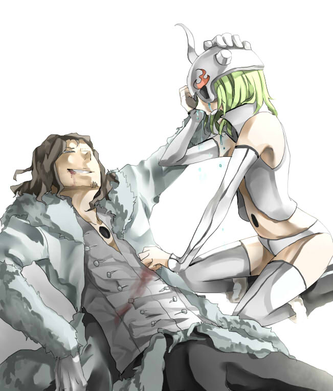 1boy 1girl arrancar bleach blonde_hair brown_hair coyote_starrk horns lilynette_gingerbuck shinishi_chiho single_horn tears