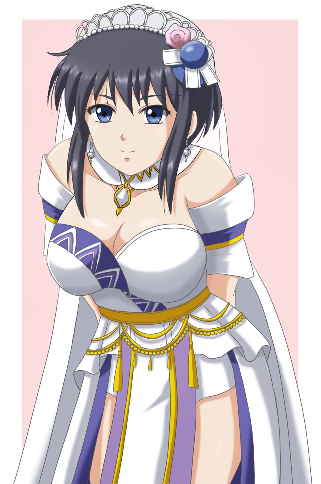 1girl arms_behind_back belt black_hair breasts bridal_veil bride brooch choker cleavage dress earrings fire_emblem fire_emblem:_genealogy_of_the_holy_war fire_emblem_heroes highres jewelry larcei_(bride_of_astra)_(fire_emblem) larcei_(fire_emblem) large_breasts looking_at_viewer nintendo pelvic_curtain pink_background sentihistory short_hair sidelocks simple_background smile solo strapless strapless_dress thighs tiara tomboy veil wedding_dress white_dress