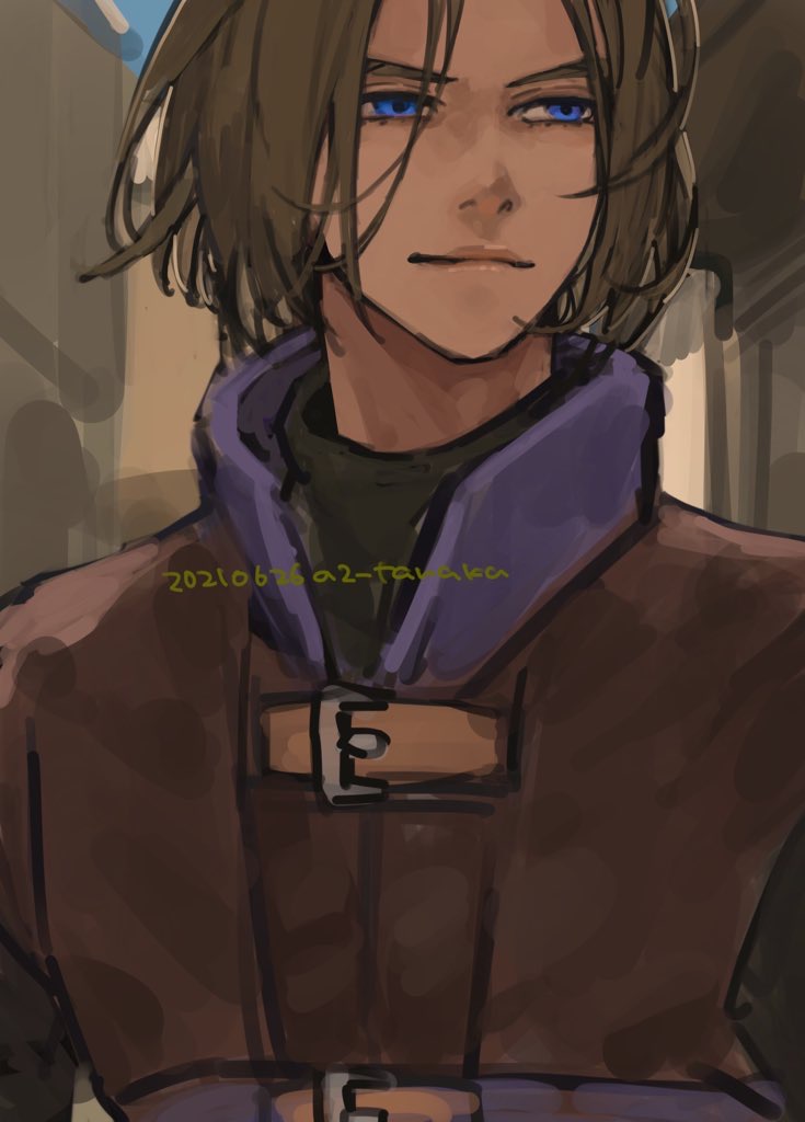 1boy 2021 black_shirt blue_eyes brown_hair brown_tunic closed_mouth commentary_request dated dragon_quest dragon_quest_xi hero_(dq11) hotaru1012 looking_to_the_side male_focus purple_tunic shirt short_hair solo tunic upper_body