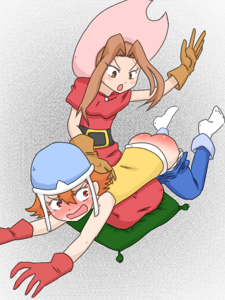 2girls blush denim digimon digimon_adventure jeans multiple_girls orange_hair pants spanking tachikawa_mimi takenouchi_sora