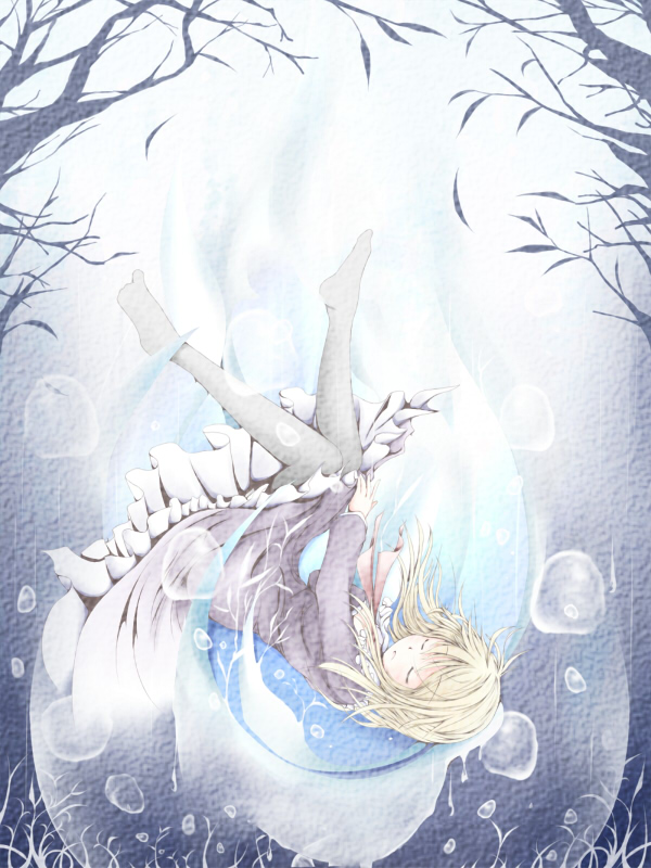 1girl black_pantyhose blonde_hair dress closed_eyes female_focus long_hair maribel_hearn pantyhose romi solo touhou tree water