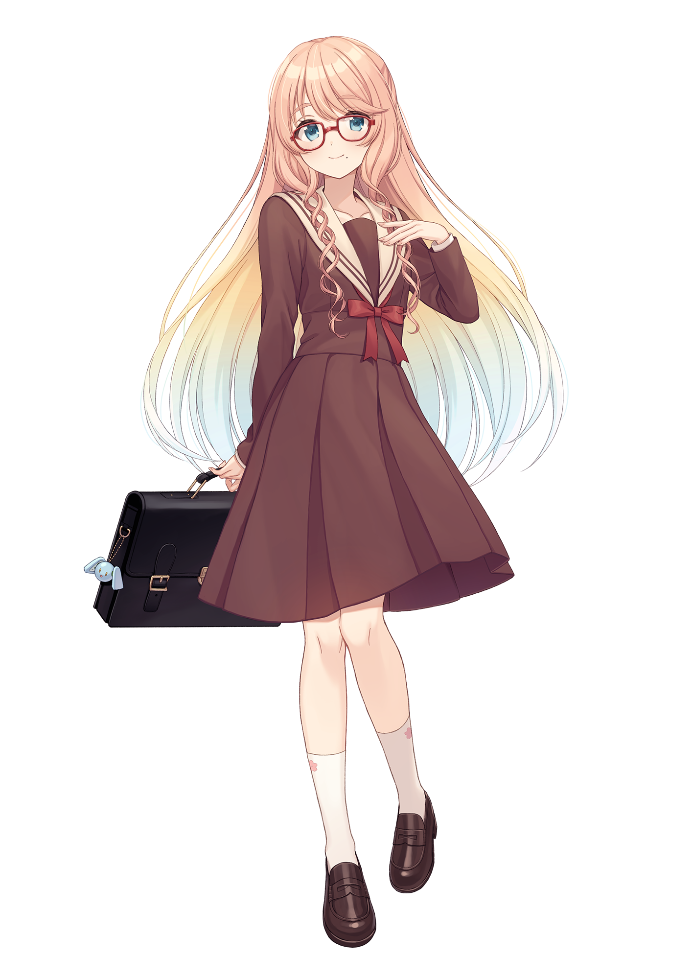 1girl aqua_eyes blonde_hair bow briefcase brown_dress brown_shoes closed_mouth collarbone dot_nose double_helix dress eyes_visible_through_hair fingernails full_body glasses gradient_hair hand_up highres holding holding_briefcase light_blush loafers long_hair long_sleeves looking_at_viewer medium_dress mole mole_under_mouth multicolored_hair pleated_dress red-framed_eyewear red_bow shiromikan shoes simple_background smile socks solo sora_sakurano swept_bangs transparent_background very_long_hair voicepeak white_hair white_socks