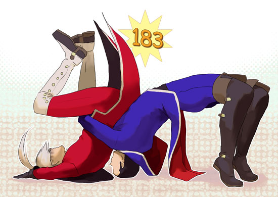 2boys bad_id bad_pixiv_id black_hair boots brothers capelet dragon_quest dragon_quest_viii german_suplex gloves hato_sable_(makura-gaeshi) kukuru_(dq8) marcello multiple_boys siblings silver_hair suplex
